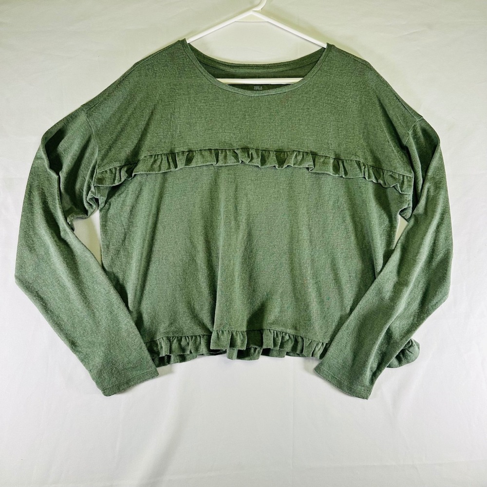 LOFT Sage Green Blouse Ruffle detail super soft *see pics for flaw* Womens Large